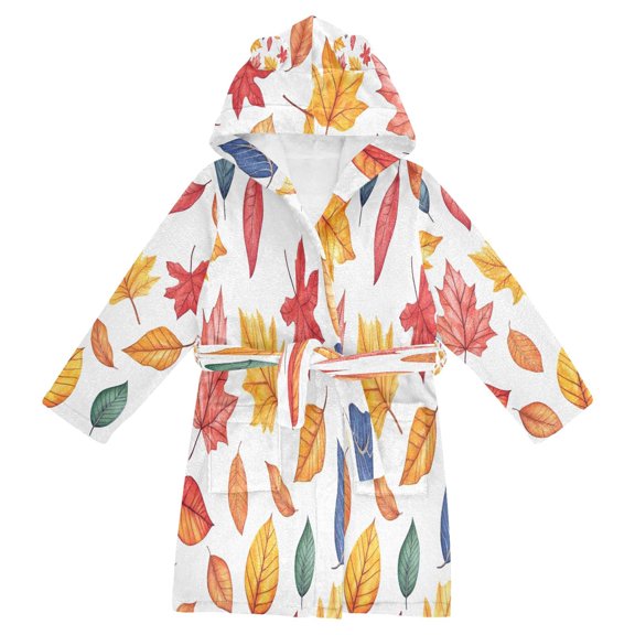 FORMRS Niños Bathrobe Unisex Hooded Robe Soft Plush Pajamas Sleepwear, Size 7-9T, Blue Leaves