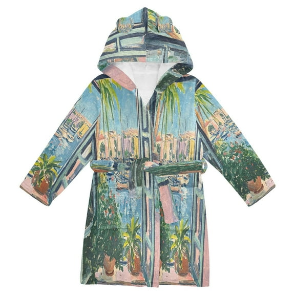 FORMRS Niños Bathrobe Unisex Hooded Robe Soft Plush Pajamas Sleepwear, Size 7-9T, Blue Sea Boat