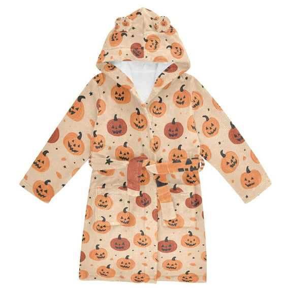 FORMRS Niños Bathrobe Unisex Hooded Robe Soft Plush Pajamas Sleepwear, Size 7-9T, Colorful Halloween Pumpkin Pattern