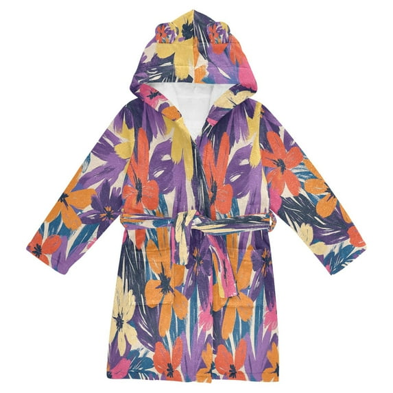 FORMRS Niños Bathrobe Unisex Hooded Robe Soft Plush Pajamas Sleepwear, Size 7-9T, Colorful Painted Flowers Pattern