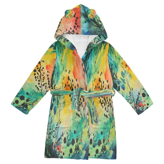 FORMRS Niños Bathrobe Unisex Hooded Robe Soft Plush Pajamas Sleepwear, Size 7-9T, Colorful Plants