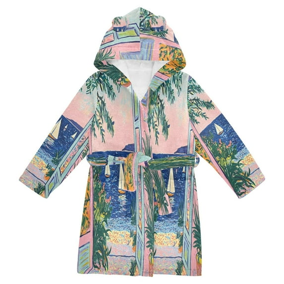 FORMRS Niños Bathrobe Unisex Hooded Robe Soft Plush Pajamas Sleepwear, Size 7-9T, Colorful Seaside