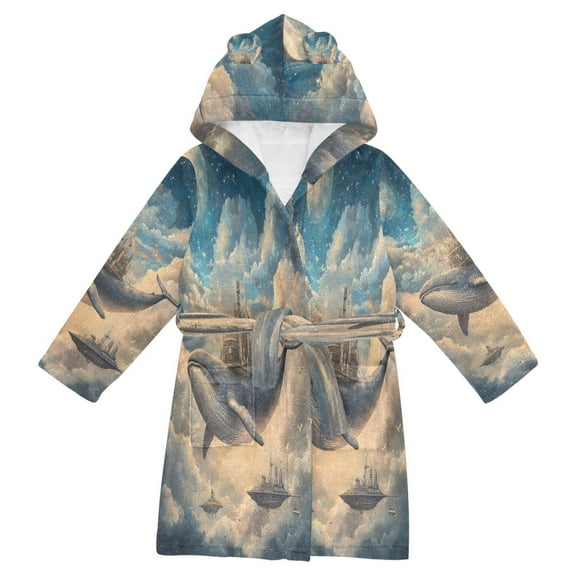 FORMRS Niños Bathrobe Unisex Hooded Robe Soft Plush Pajamas Sleepwear, Size 7-9T, Floating Whale