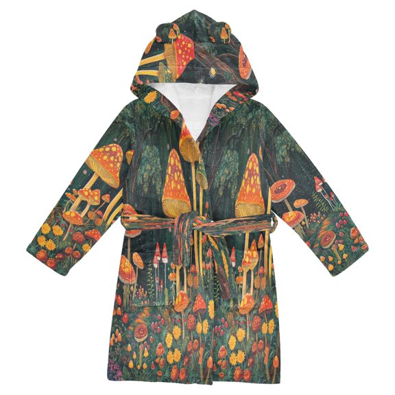 FORMRS Niños Bathrobe Unisex Hooded Robe Soft Plush Pajamas Sleepwear, Size 7-9T, Forest Mushroom