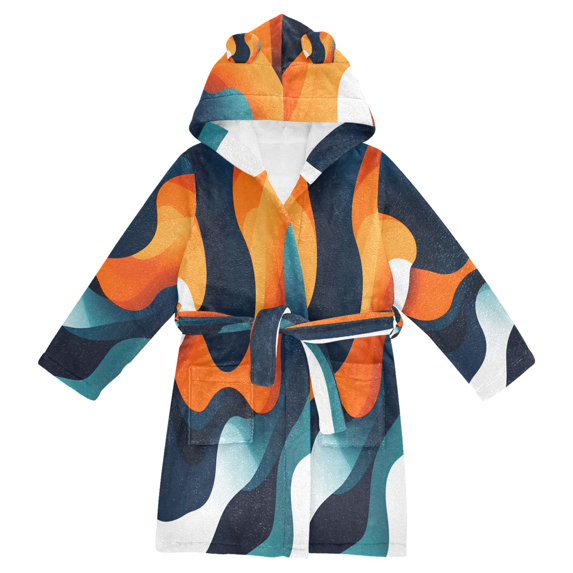 FORMRS Niños Bathrobe Unisex Hooded Robe Soft Plush Pajamas Sleepwear, Size 7-9T, Green Abstract Wavy