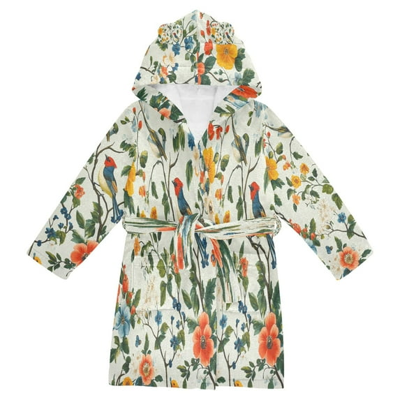 FORMRS Niños Bathrobe Unisex Hooded Robe Soft Plush Pajamas Sleepwear, Size 7-9T, Green Floral Pattern