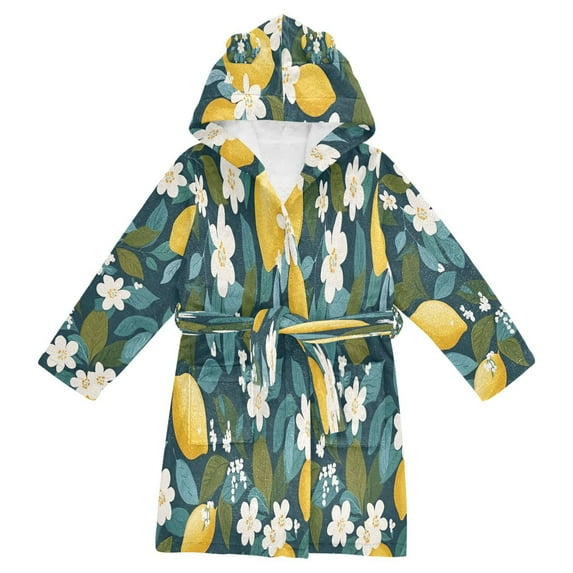 FORMRS Niños Bathrobe Unisex Hooded Robe Soft Plush Pajamas Sleepwear, Size 7-9T, Green Lemon Leaves