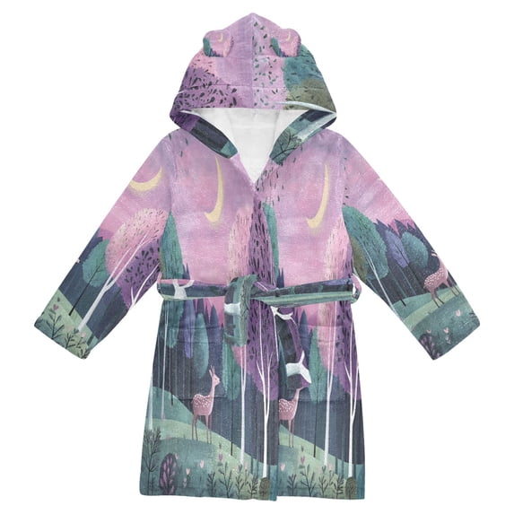 FORMRS Niños Bathrobe Unisex Hooded Robe Soft Plush Pajamas Sleepwear, Size 7-9T, Green Night Deer