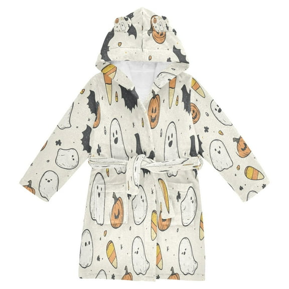 FORMRS Niños Bathrobe Unisex Hooded Robe Soft Plush Pajamas Sleepwear, Size 7-9T, Halloween Happy Ghosts