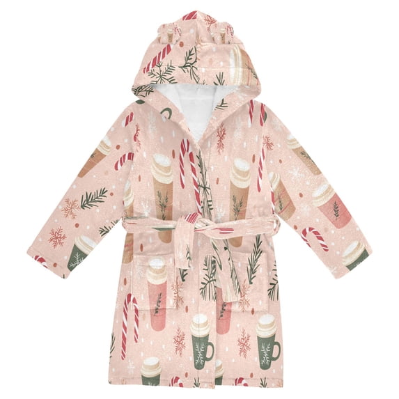 FORMRS Niños Bathrobe Unisex Hooded Robe Soft Plush Pajamas Sleepwear, Size 7-9T, Hand Drawn Cups