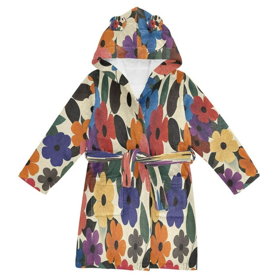 FORMRS Niños Bathrobe Unisex Hooded Robe Soft Plush Pajamas Sleepwear, Size 7-9T, Large Colorful Flowers Pattern