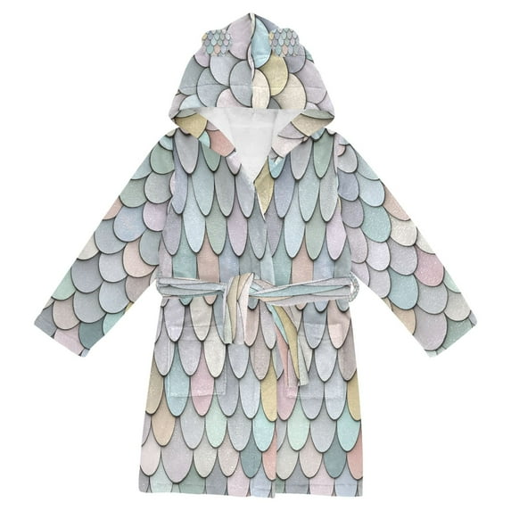 FORMRS Niños Bathrobe Unisex Hooded Robe Soft Plush Pajamas Sleepwear, Size 7-9T, Light Blue Shimmering Pattern