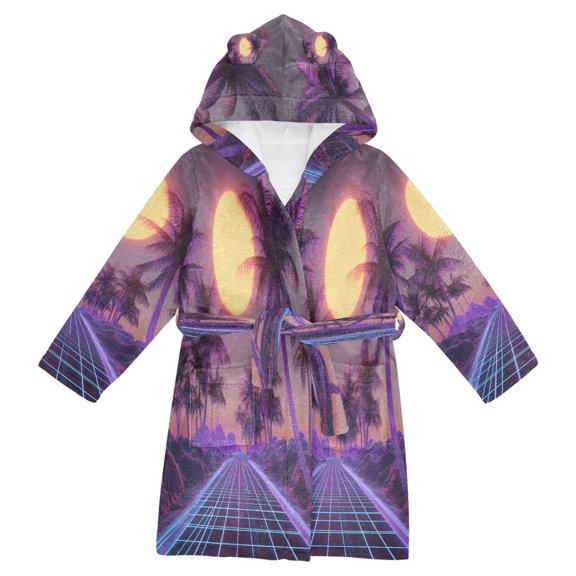 FORMRS Niños Bathrobe Unisex Hooded Robe Soft Plush Pajamas Sleepwear, Size 7-9T, Night Purple Road