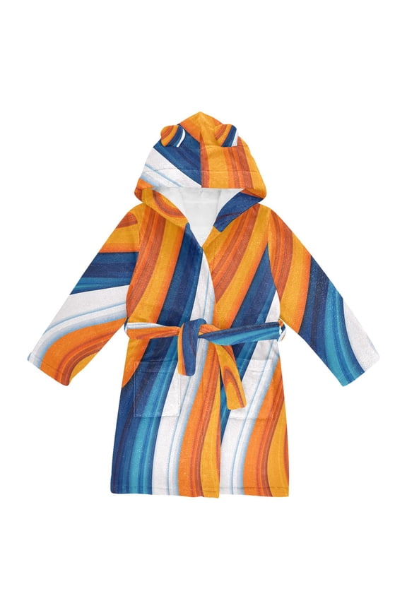 Niños Bathrobe Unisex Hooded Robe Soft Plush Pajamas Sleepwear, Size 7-9T, Orange Abstract Wavy