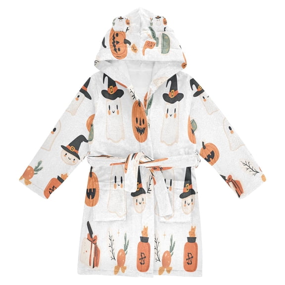 FORMRS Niños Bathrobe Unisex Hooded Robe Soft Plush Pajamas Sleepwear, Size 7-9T, Orange Magical Halloween