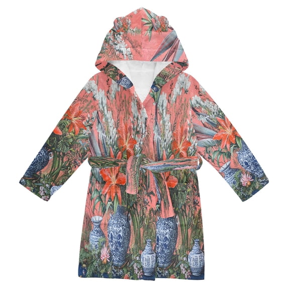 FORMRS Niños Bathrobe Unisex Hooded Robe Soft Plush Pajamas Sleepwear, Size 7-9T, Orange Vibrant Flowers