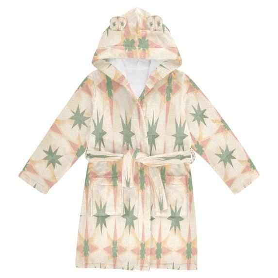 FORMRS Niños Bathrobe Unisex Hooded Robe Soft Plush Pajamas Sleepwear, Size 7-9T, Pastel Beige Geometric