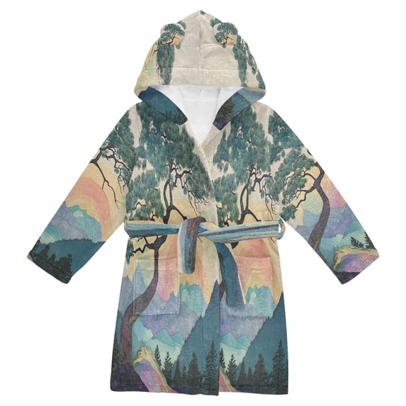 FORMRS Niños Bathrobe Unisex Hooded Robe Soft Plush Pajamas Sleepwear, Size 7-9T, Pine Tree Rainbow