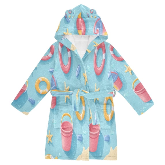 FORMRS Kids Bathrobe Unisex Hooded Robe Toddler Pajamas Sleepwear, Size 7-9T, Pink Beach Toys Pattern