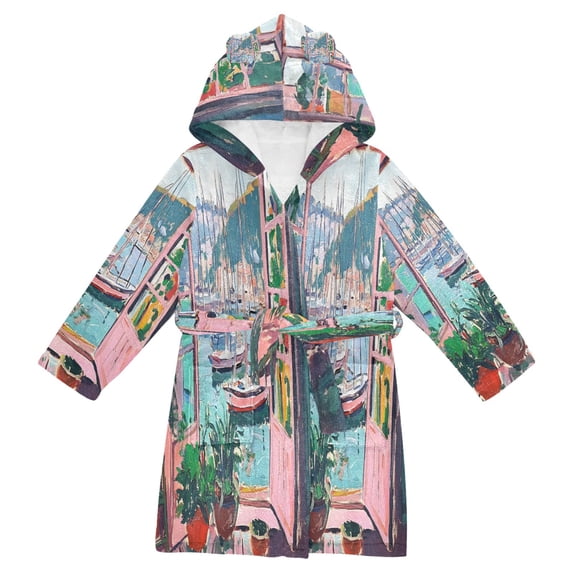 FORMRS Niños Bathrobe Unisex Hooded Robe Soft Plush Pajamas Sleepwear, Size 7-9T, Pink Door