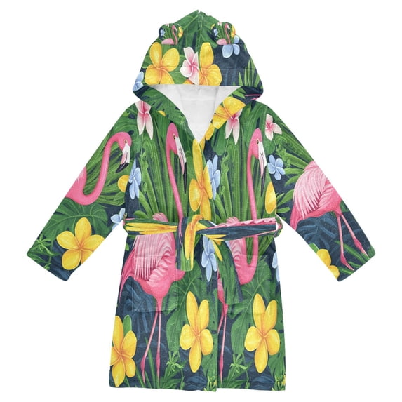 FORMRS Niños Bathrobe Unisex Hooded Robe Soft Plush Pajamas Sleepwear, Size 7-9T, Pink Flamingo Pattern