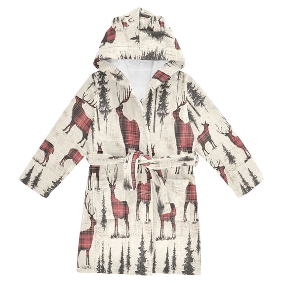 FORMRS Niños Bathrobe Unisex Hooded Robe Soft Plush Pajamas Sleepwear, Size 7-9T, Plaid Deer