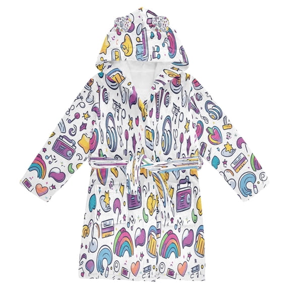 FORMRS Niños Bathrobe Unisex Hooded Robe Soft Plush Pajamas Sleepwear, Size 7-9T, Purple Doodle Pattern