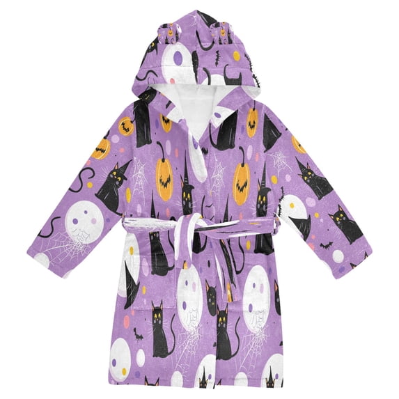 FORMRS Kids Bathrobe Unisex Hooded Robe Toddler Pajamas Sleepwear, Size 7-9T, Purple Halloween Pattern