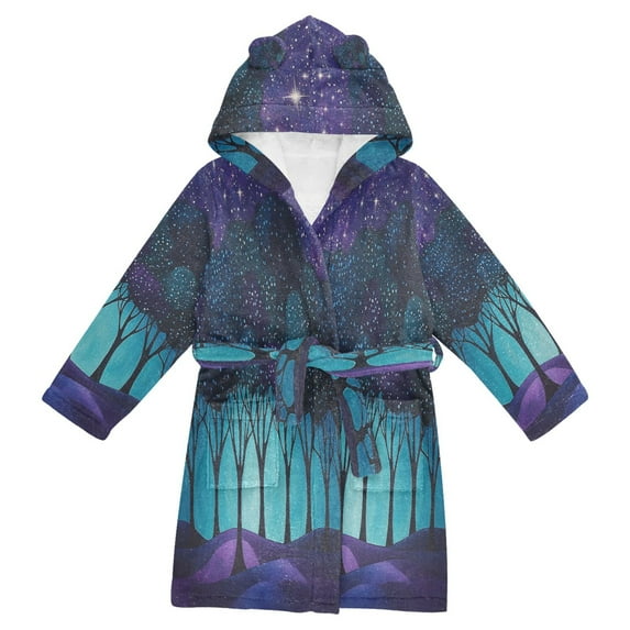 FORMRS Niños Bathrobe Unisex Hooded Robe Soft Plush Pajamas Sleepwear, Size 7-9T, Purple Moonlight Forest