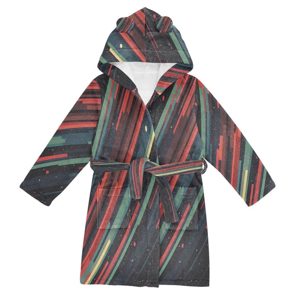 FORMRS Niños Bathrobe Unisex Hooded Robe Soft Plush Pajamas Sleepwear, Size 7-9T, Red Abstract Lines