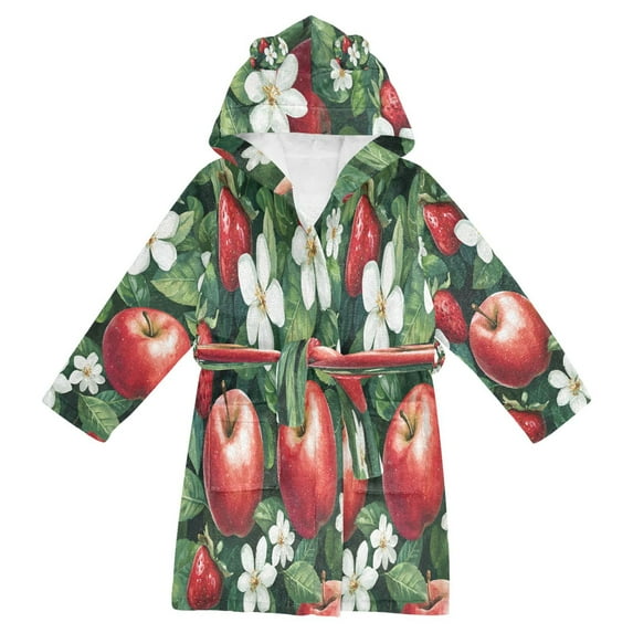 FORMRS Kids Bathrobe Unisex Hooded Robe Toddler Pajamas Sleepwear, Size 7-9T, Red Apple Pattern