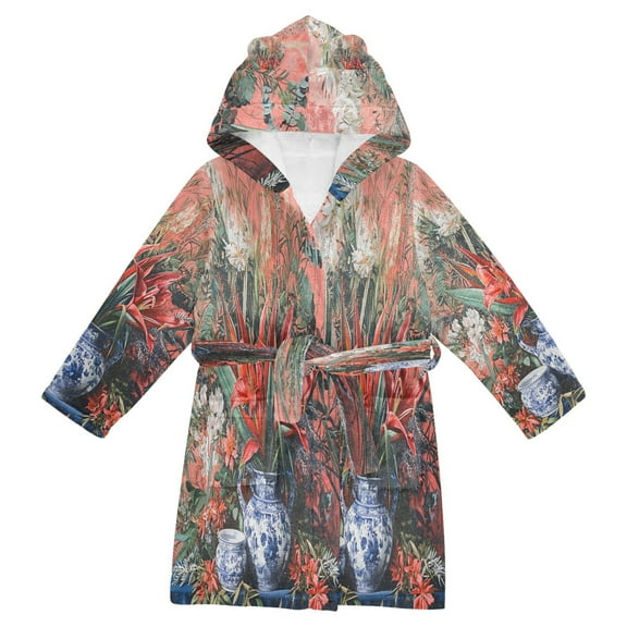 FORMRS Niños Bathrobe Unisex Hooded Robe Soft Plush Pajamas Sleepwear, Size 7-9T, Red Vibrant Flowers