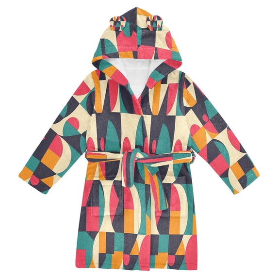 FORMRS Niños Bathrobe Unisex Hooded Robe Soft Plush Pajamas Sleepwear, Size 7-9T, Retro Geometric