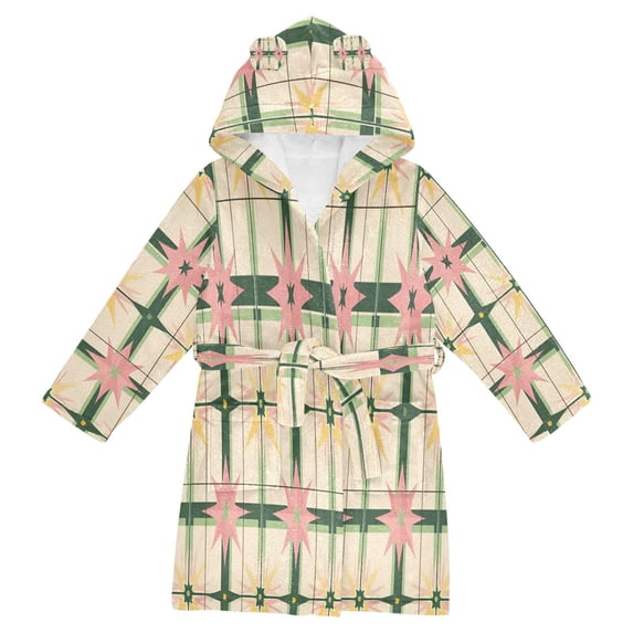 FORMRS Niños Bathrobe Unisex Hooded Robe Soft Plush Pajamas Sleepwear, Size 7-9T, Retro Green Stars