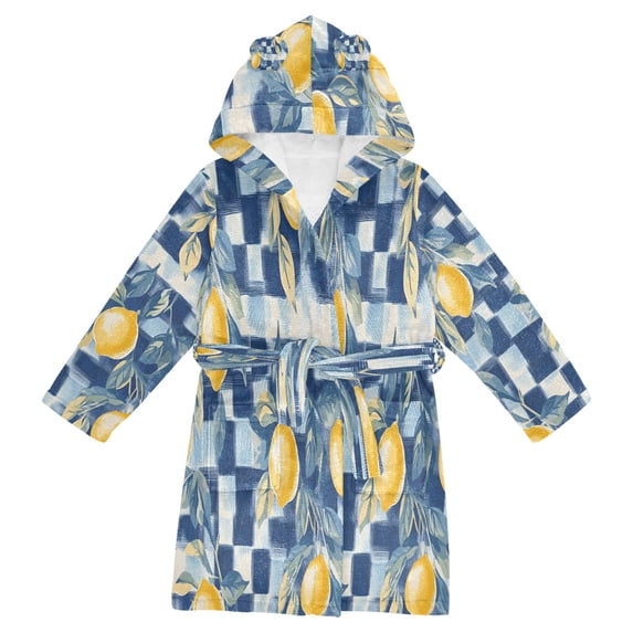 FORMRS Niños Bathrobe Unisex Hooded Robe Soft Plush Pajamas Sleepwear, Size 7-9T, Retro Plaid Lemon