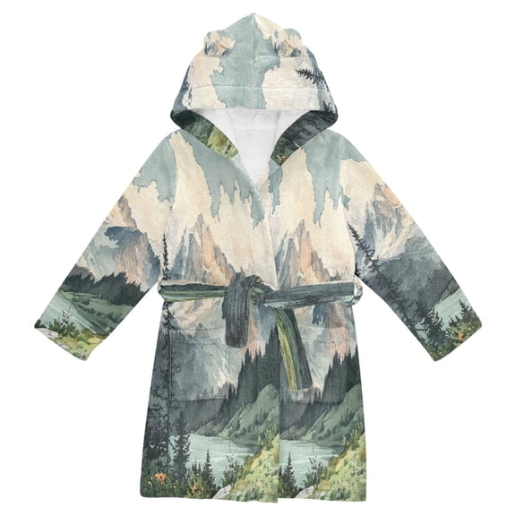 FORMRS Niños Bathrobe Unisex Hooded Robe Soft Plush Pajamas Sleepwear, Size 7-9T, Watercolor Mountatin