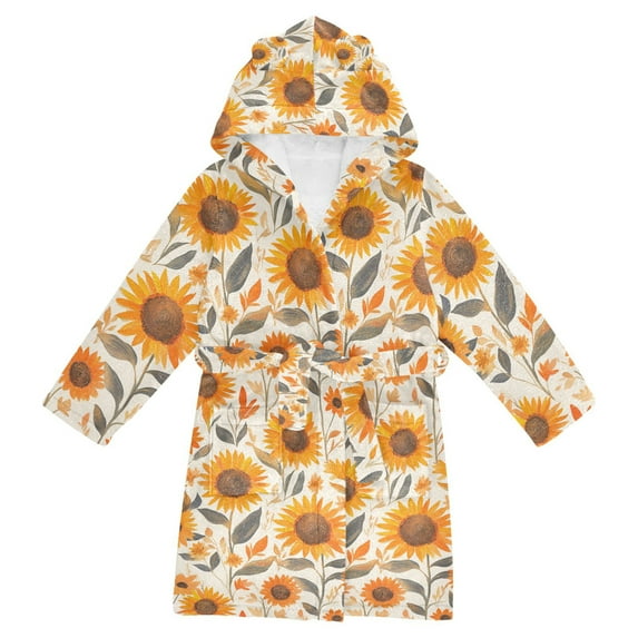 FORMRS Niños Bathrobe Unisex Hooded Robe Soft Plush Pajamas Sleepwear, Size 7-9T, Watercolor Sunflowers and Leaves