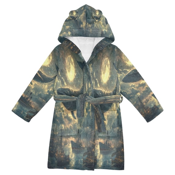 FORMRS Niños Bathrobe Unisex Hooded Robe Soft Plush Pajamas Sleepwear, Size 7-9T, Whale and Moon