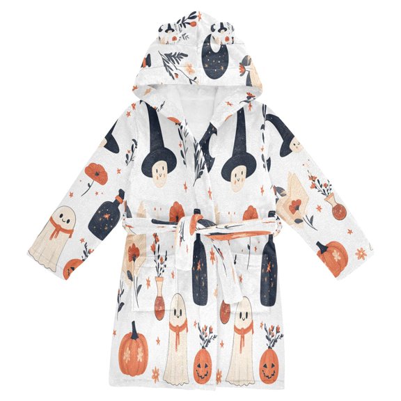 FORMRS Niños Bathrobe Unisex Hooded Robe Soft Plush Pajamas Sleepwear, Size 7-9T, White Cartoon Halloween Ghosts