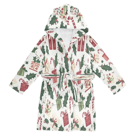 FORMRS Niños Bathrobe Unisex Hooded Robe Soft Plush Pajamas Sleepwear, Size 7-9T, White Christmas Holly