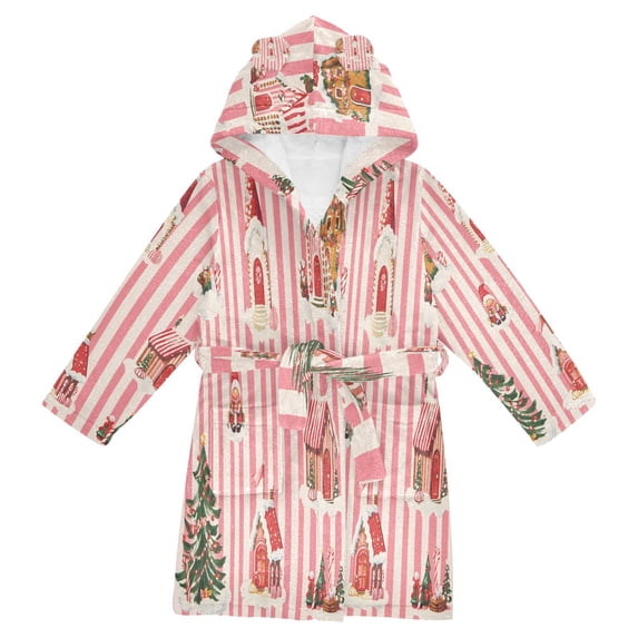 FORMRS Niños Bathrobe Unisex Hooded Robe Soft Plush Pajamas Sleepwear, Size 7-9T, White Gingerbread Houses