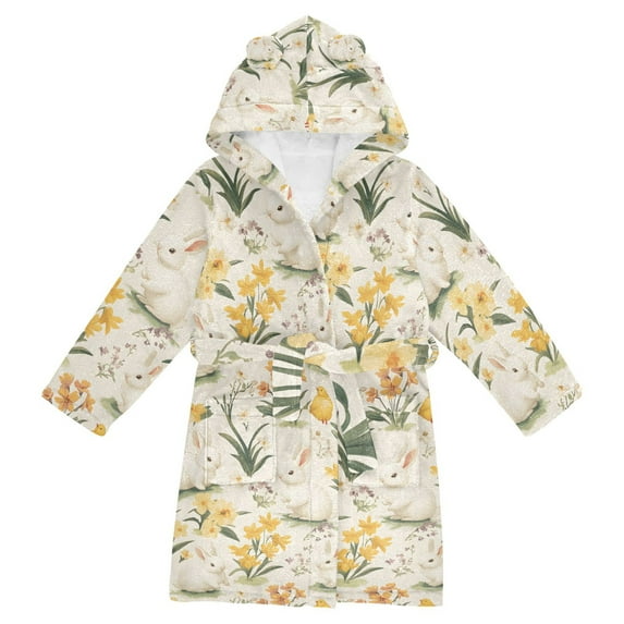 FORMRS Niños Bathrobe Unisex Hooded Robe Soft Plush Pajamas Sleepwear, Size 7-9T, White Rabbits