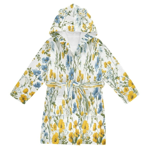 FORMRS Niños Bathrobe Unisex Hooded Robe Soft Plush Pajamas Sleepwear, Size 7-9T, Yellow Floral
