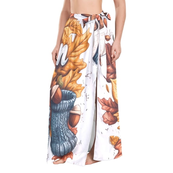 FORMRS Womens Long Sarong Beach Wrap Semi-Sheer Bikini Skirt Bathing Swimsuit Cover Up, Autumn Day Pattern