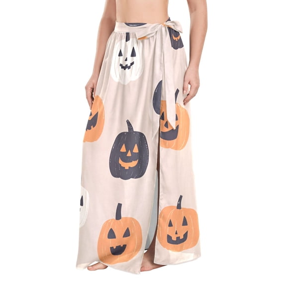 FORMRS Womens Long Sarong Beach Wrap Semi-Sheer Bikini Skirt Bathing Swimsuit Cover Up, Beige Halloween Pumpkin