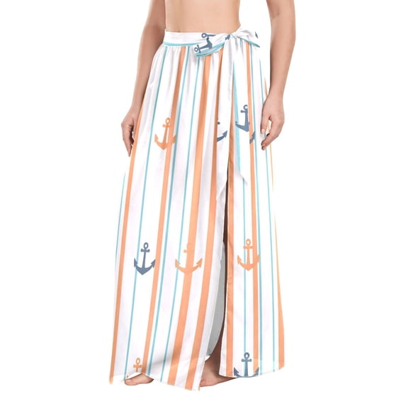FORMRS Womens Long Sarong Beach Wrap Semi-Sheer Bikini Skirt Bathing Swimsuit Cover Up, Beige Nautical Pattern