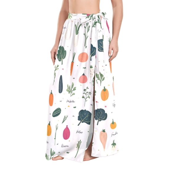 FORMRS Womens Long Sarong Beach Wrap Semi-Sheer Bikini Skirt Bathing Swimsuit Cover Up, Beige Vegetables Pattern