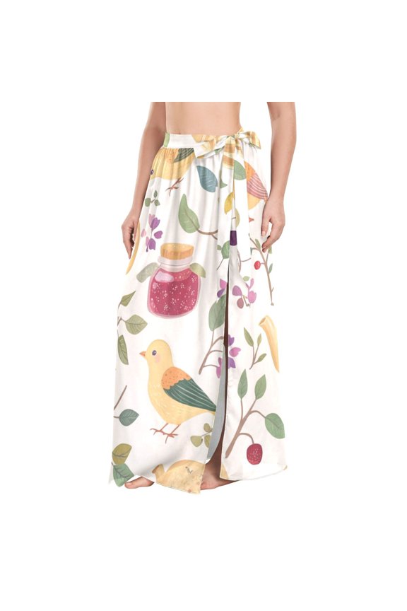 Womens Beach Sarong Semi-Sheer Bikini Wrap Skirt Swimsuit Cover-ups, Birds Tea Time