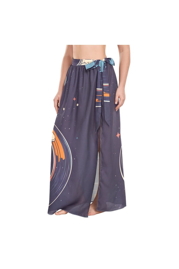Womens Long Sarong Beach Wrap Semi-Sheer Bikini Skirt Bathing Swimsuit Cover Up, Black Astronaut Record