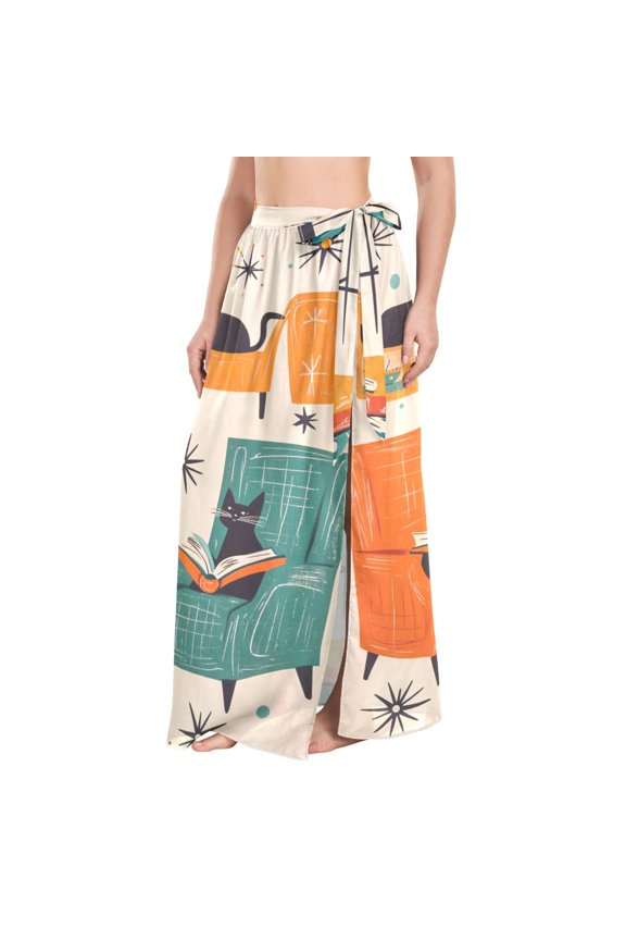 Womens Beach Sarong Semi-Sheer Bikini Wrap Skirt Swimsuit Cover-ups, Black Cats Reading